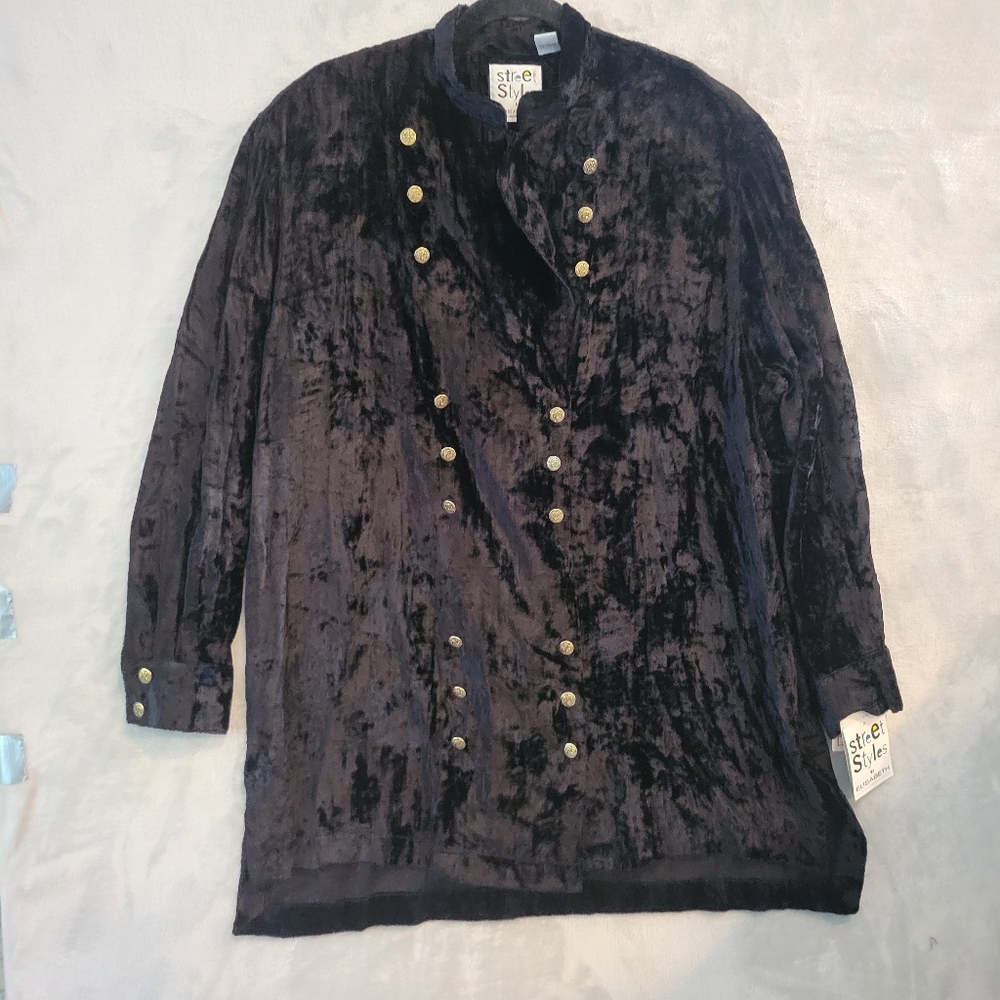 Vintage 1980s Crushed Velvet Double Breasted Black Jacket Sz 16